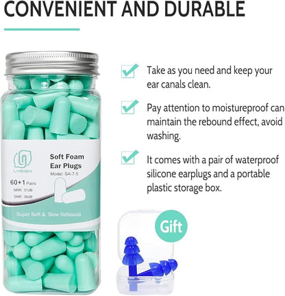 LYSIAN Ultra Soft Foam Earplugs for Sleep - 38dB Noise Cancelling Ear Plugs Perfect for Work, Travel & Shooting. Soundproof & Noise Reduction - 60 Pairs Value Pack (Water Blue)