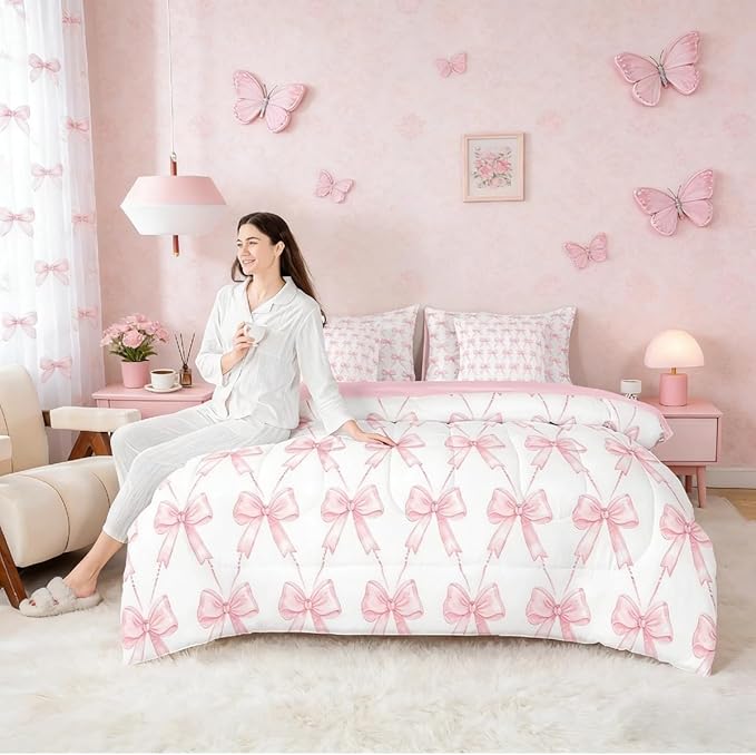 Feelyou Cute Pink Bow Comforter Set King Size, Pink Girls Bow 7 Pcs Bedding Set for Kids, Dreamy Bowknot Princess Bed in a Bag, Bed Sheet Sets with Fitted Sheet Pillowcases for Bedroom Bed Decor