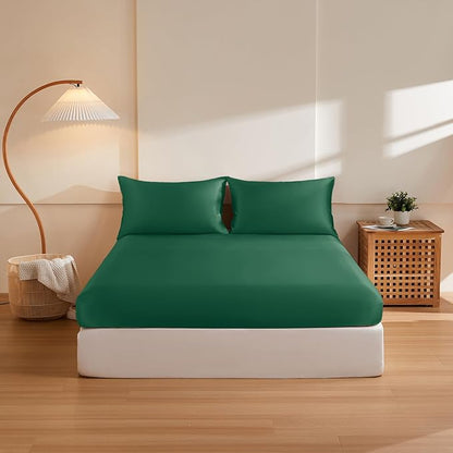 THXSILK 6A+ Top Grade 100% Pure Mulberry Silk Full Fitted Sheet 3Pcs Set Bed Sheets Luxury Bedding for Hair and Skin Healthy Natural Materials, 1 Fitted Sheet with 2 Pillowcases, Emerald Green