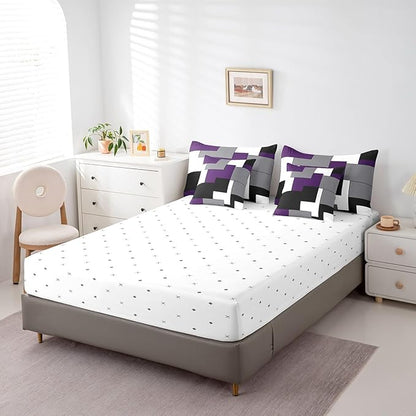 Erosebridal 7 Pcs Geometric Comforter Set King Size,Square Bed in a Bag with Flat Fitted Sheet for Kids and Adults,Purple Black White Abstract Art Bedding Set with Pillowcases and Cushion Cases