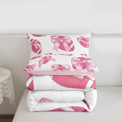 Bowknot Football Comforter Set Full Size,Pink Bow Knot Print Bedding Sets 3Pcs for Kids Girls Women Room Decor,Ball Sport Games Theme Duvet Insert Cute Cartoon Girly Down Comforter,2 Pillowcases