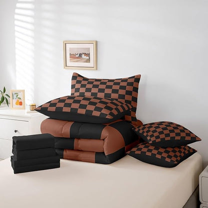 Feelyou Checkered 7 Piece Bedding Set Teen Brown Black Plaid Comforter Set with Sheets Queen Size Kids Boys Cute Retro Neutral Checkerboard Geometric Bed in a Bag Vintage Aesthetic Room Decor