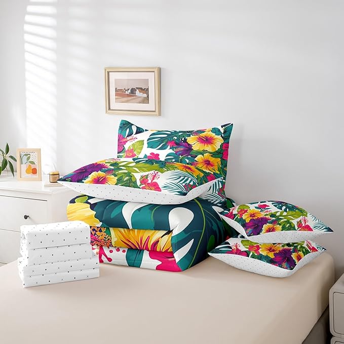 Feelyou Flower Comforter Set King Size 7 Pieces Palm Leaf Bedding Set for All Season Floral Blossom Botanical Nature Theme Bed in a Bag with Comforter, Sheets, Pillowcases & Cushion Cover