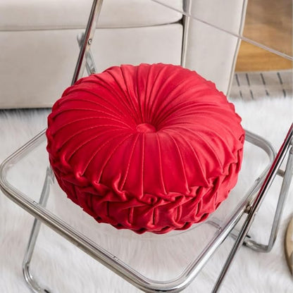 MOCOFO Round Velvet Throw Pillow, Pumpkin Shape Decorative Floor Cushion, Handcrafted Pleated Design, 14 and 16 Inch Diameter, Multiple Colors, Polyester Fill (Red, 16")