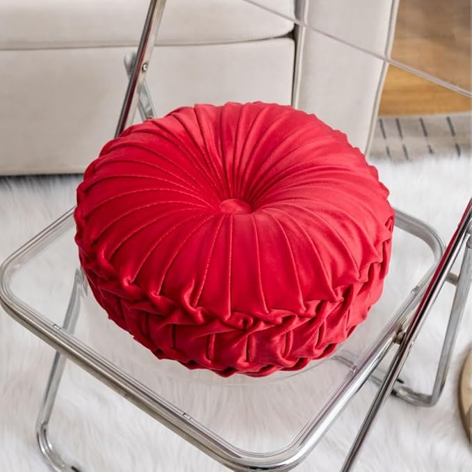 MOCOFO Round Velvet Throw Pillow, Pumpkin Shape Decorative Floor Cushion, Handcrafted Pleated Design, 14 and 16 Inch Diameter, Multiple Colors, Polyester Fill (Red, 14")