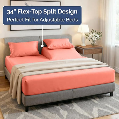 Flex Top Split Head King 4 Piece Sheet Set - Comfy Breathable & Cooling Bed Sheets Set - Hotel Luxury Bedding for Women, Men, Kids, Teens, Boys & Girls - Deep Pockets, Ultra-Soft - Oeko-Tex - Coral