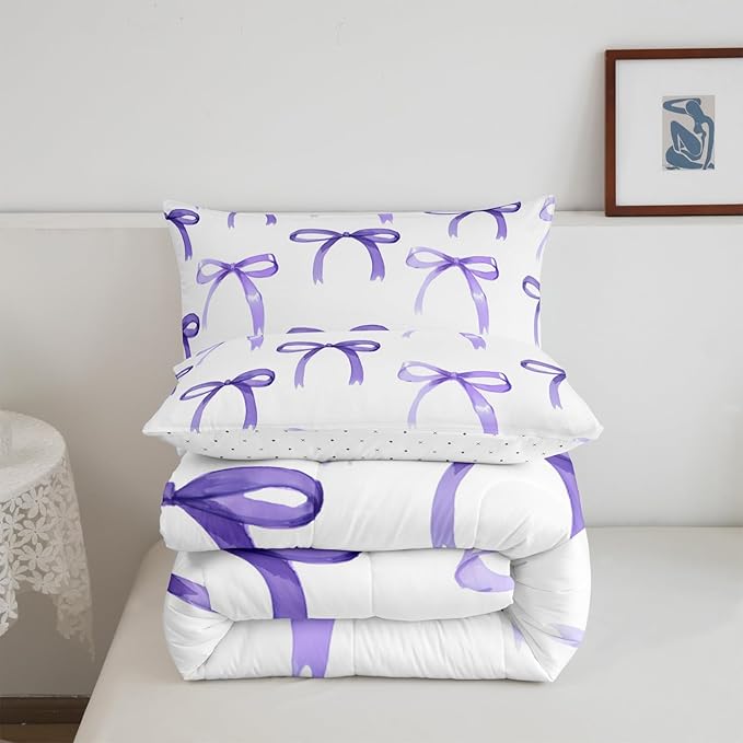 Feelyou Bow Bedding Set Boys Girls Full Size Purple Girls Bow Comforter Set for Kids Women Men Ultra Soft Cute Bowknot Comforter Kawaii Bow Duvet Set Room Decor Lovely Decor Quilt Set