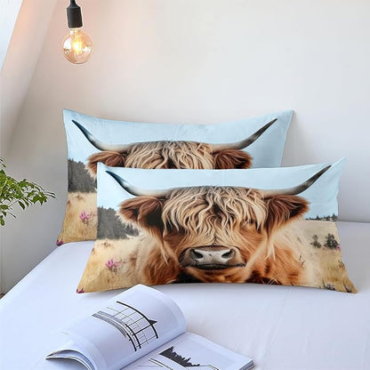 Highland Cow Comforter Set Full Size,Rustic Bedding Set for Children,Hoilday Decor Down Alternative Comforter with 2 Pillowcases/79 * 90