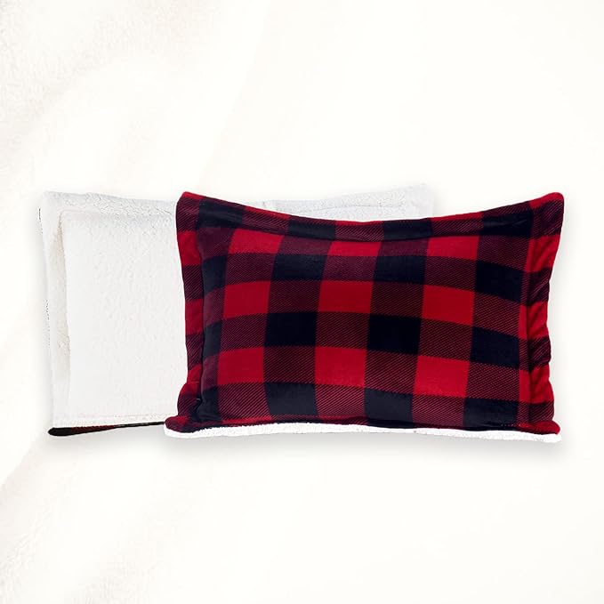 Elegant Comfort 3-Piece Buffalo Lodge-Plaid Comforter Set, Luxurious, Heavyweight, All Season, Down Alternative-Micromink Sherpa-Backing Reversible Micro-Suede, Soft and Plush, Twin XL, Burgundy/Black