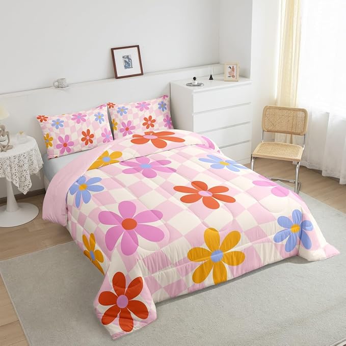 Erosebridal Cute Flower Bedding Set Kawaii Cartoon Floral Comforter Set Twin Size for Kids Girls Teen Room Decor,Pink Girly Comforter Watercolor Flowers Geometric Plaid Grids Bed Set