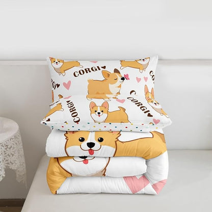 Erosebridal Kid Corgi Dog Comforter Set Full Cute Puppy Down Comforter Cartoon Pet Dog Happy Farm Animal Love Pattern Quilted Duvet, with 1 Pillow Case, Super Soft Breathable Duvet Insert, White