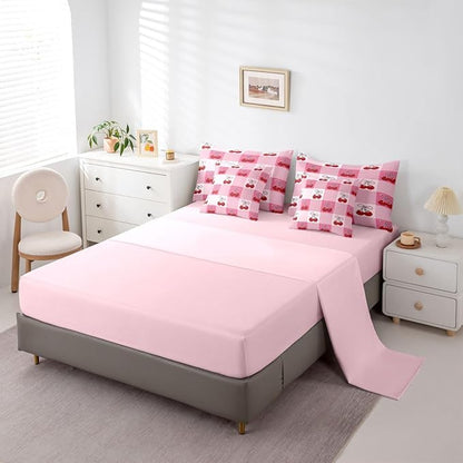 Feelyou Cherry Prints Comforter Set Queen Size 7 Pieces Pink Bow Bedding Set for Kids Boys Girls Buffalo Check Bed in a Bag with Comforter, Sheets, Pillowcases, Cushion Covers Cute Fruit
