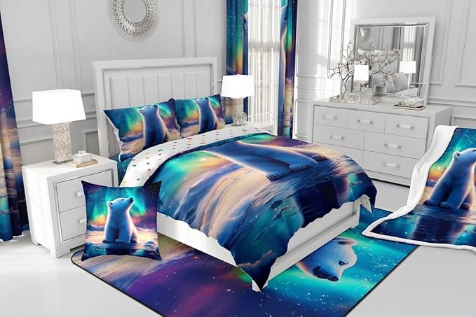 Manfei Kawaii Polar Bear Comforter Twin for Kids Adults Youth,Aurora Neon Colorful Galaxy Sky Quilt Comforter Room DecorCartoon Little Bear Wildlife Quilted Duvet Duvet Insert,1 Pillowcase