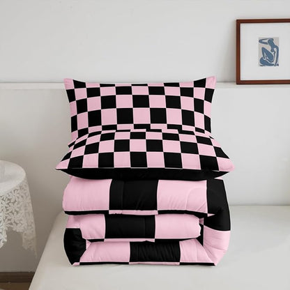 Feelyou Checkered Bedding Set Teen Women Men Pink Black Plaid Comforter Set Full Size Kids Boys Girls Cute Retro Neutral Checkerboard Geometric Duvet Insert Vintage Aesthetic Room Decor