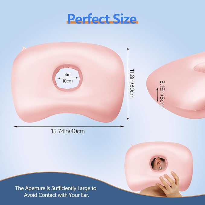 Ear Piercing Pillow for Side Sleepers, Pillow with an Ear Hole for CNH and Ear Pain Ear Inflammation Pressure Sores (Light Pink Silk, 17.3"x12.6"x2")