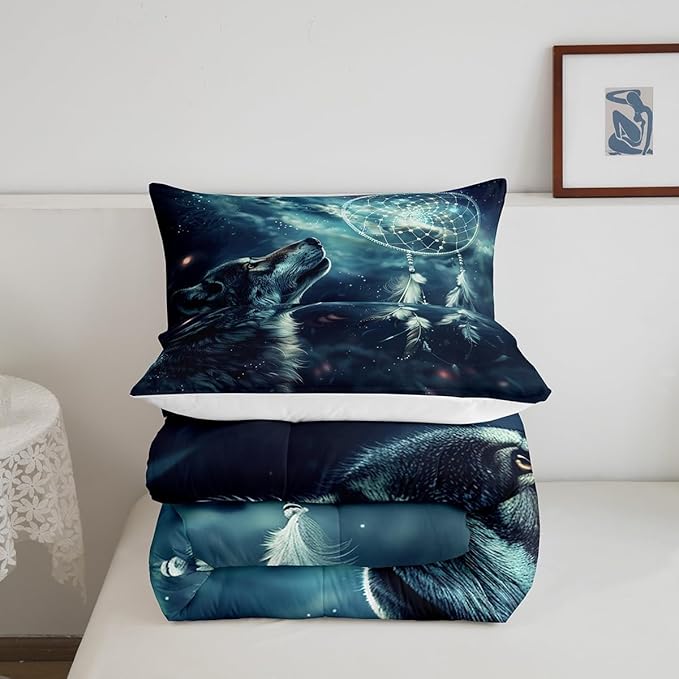 Erosebridal Hunting Wolf Toddler Bedding Set,Dream Catcher Wolf Comforter Set for Kids Boys Girls Room Decor,Wild Animal Safari Bed Set Boho Exotic Ethnic Bedding Comforter Sets,1 Pillowcase