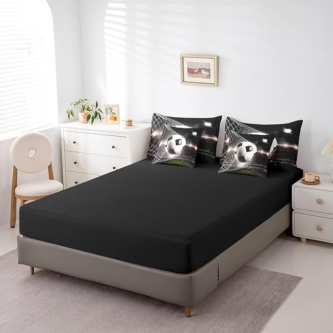 Feelyou Soccer Ball Comforter Set Full Size 7 Pcs Football Comforter Bed in a Bag Black White Sports Bedding Set for Boys Girls Teens Soccer Lover Bed Set with Sheets, Pillowcases, Pillow Covers