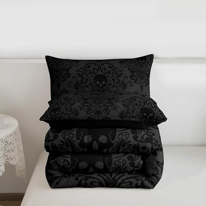 Feelyou Adults Gothic Skull Bedding Set Full Size Kids Damask Print Comforter Goth Bohemian Duvet Breathable Soft Lightweight Microfiber Dark Olive Green Room Decor with 2 Pillowcases