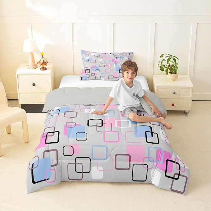 Erosebridal Pink Blue Geometric Square Comforter Set Twin Modern Abstract Striped Bedding Set Pastel Plaid Grid Comforter for Kids Girls Boys Aesthetic Gingham Checkered Quilt Duvet