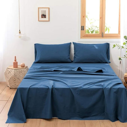 Simple&Opulence Belgian Linen Sheet Set Solid Color - 4 Pieces (1 Flat Sheet, 1 Fitted Sheet & 2 Pillowcases) Natural Flax Cotton Blend Soft Breathable Farmhouse Bedding - King Size, Classic Blue