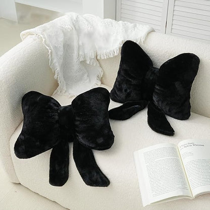 2Pack Soft Furry Bow Throw Pillows Cute Bowknot Plush Pillow Home Decor Stuffed Bow Lumbar Pillow for Bed Couch Living Room Decor (Black&White)