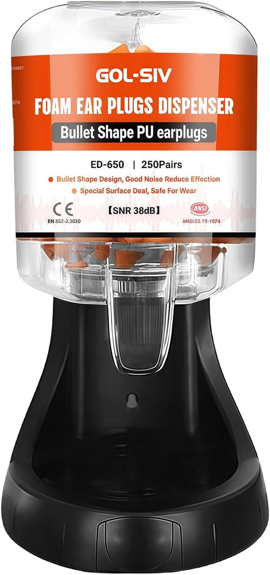 Ear Plugs Dispenser,with 500Pcs Refillable SNR 38dB(NRR 33dB) Noise Foam Earplugs,Wall-Mounted,Hearing Protection for Shooting,Construction Site,Work,Orange