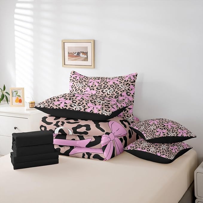 Erosebridal Bow Leopard Girly Pink Full Comforter Set 7 Pieces | Bowknot Ribbon Bed in A Bag for Bedroom Fur Print Cheetah Bedding Set with Comforters Brown Black Room Decor