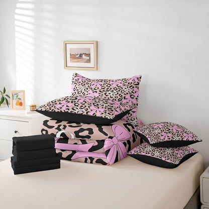 Erosebridal Bow Leopard Girly Pink Full Comforter Set 7 Pieces | Bowknot Ribbon Bed in A Bag for Bedroom Fur Print Cheetah Bedding Set with Comforters Brown Black Room Decor