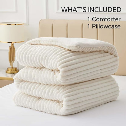 BEDELITE Fleece Twin Comforter Set -Super Soft & Warm Fluffy Cream White Bedding, Luxury Fuzzy Heavy Bed Set for Winter with 1 Pillow case