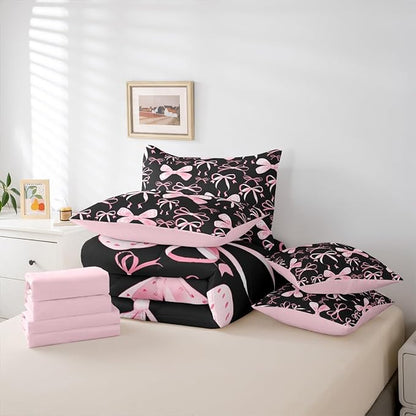 Feelyou Black Pink Bow Queen Comforter Set with Sheets for Kids Boys Girls Cute Bowknot 7 Pieces Bedding Set Kawaii Bed in a Bag Pricess Style Room Decor Soft Lightweight Microfiber