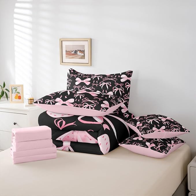 Feelyou Black Pink Bow King Comforter Set with Sheets for Kids Boys Girls Cute Bowknot 7 Pieces Bedding Set Kawaii Bed in a Bag Pricess Style Room Decor Soft Lightweight Microfiber