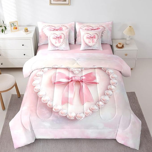 jejeloiu Girls Silk Bow 7 Piece Bedding Set Full Size Pink Pearl Comforter Set with Sheets for Kids Women Princess Style Bed in a Bag Pink Ombre Bed Set