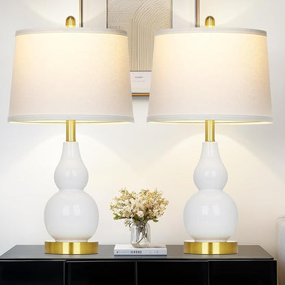 25" Ceramic Table Lamps Set of 2, Modern Double Gourd Ceramic Table Lamp for Living Room, White Rustic Farmhouse Bedside Nightstand Lamp with Fabric Shades for Bedroom Desk End Table Home Office Decor