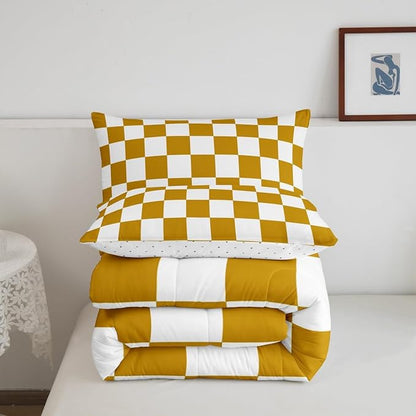 Feelyou Checkered Bedding Set Teen Women Men Yellow White Plaid Decoration Comforter Set Full Size Kids Boys Girls Cute Retro Neutral Grid Geometric Duvet Insert Vintage Aesthetic Room Decor