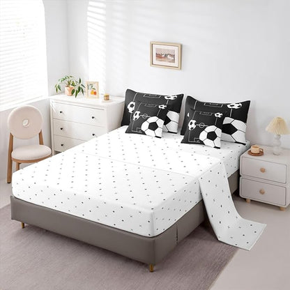 Erosebridal Soccer Ball 7 Piece Bedding Set Queen Boys Sports Comforter Set with Sheets Football Playground Pattern Bed in a Bag Black White Football Court for Kids Boys Girls