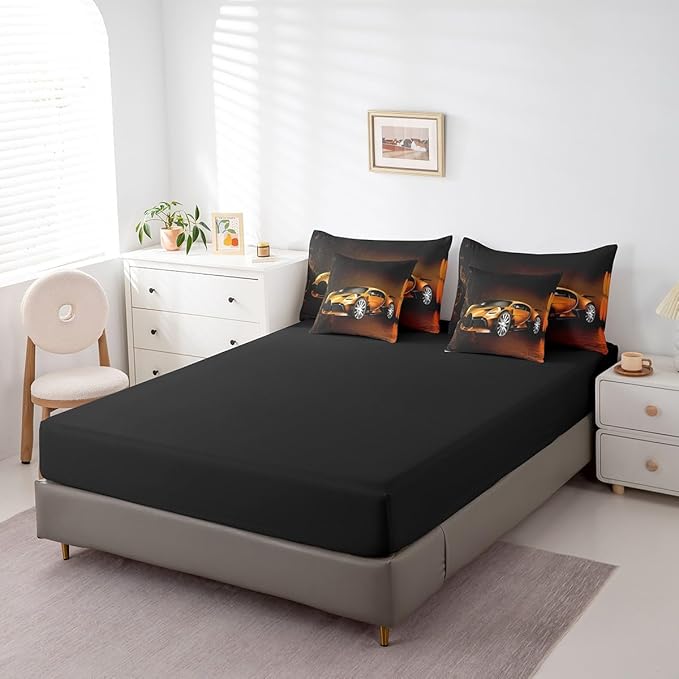 Feelyou Race Car 7 Piece Bedding Set Toddler King, Orange Racecar Bed in a Bag for Kids Boys Girls Comforter Set with Sheets Cool Speed Sports Car Bedroom Decor 7 with 2 Pillowcases