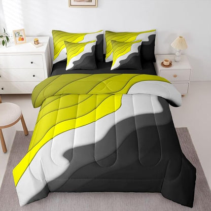Yellow Grey Black Ombre Twin Comforter Set 7 Pieces Kids Teens Adults Geometric Stripe Bedding Comforter Sets, Aesthetic Wave Bed in a Bag Modern Abstract Bedding Set, Gradient Bed Sheets Set