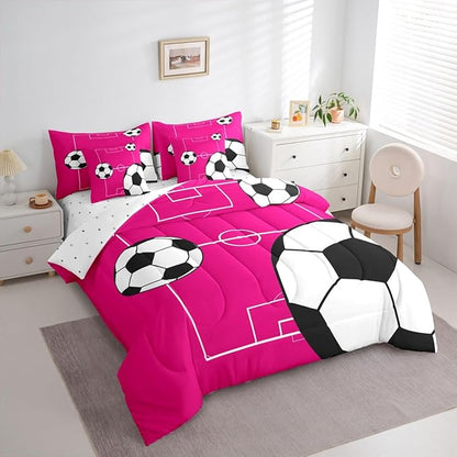 Erosebridal Sports Theme 7 Piece Bedding Set King Football Comforter Set with Sheets Boys Football Court Pink White Bed in a Bag Playground Soccer Ball Pattern for Kids Boys Girls