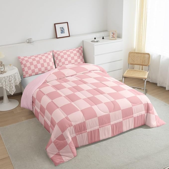 Feelyou Checkered Retro Bedding Set Teen Women Men Pink Gradient Plaid Comforter Set King Size Kids Boys Girls Geometric Vintage Duvet Insert Modern Simple Groovy Aesthetic Room Decor