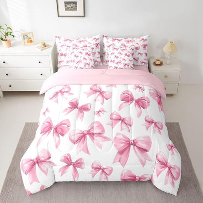 Feelyou Pink Bow Comforter Set with Sheets 7 Piece King Size Cute Bowknot Bed in a Bag Kids Boys Girls Princess Decor Bedding Set Kawaii Bedroom Decor Breathable Soft Lightweight Microfiber