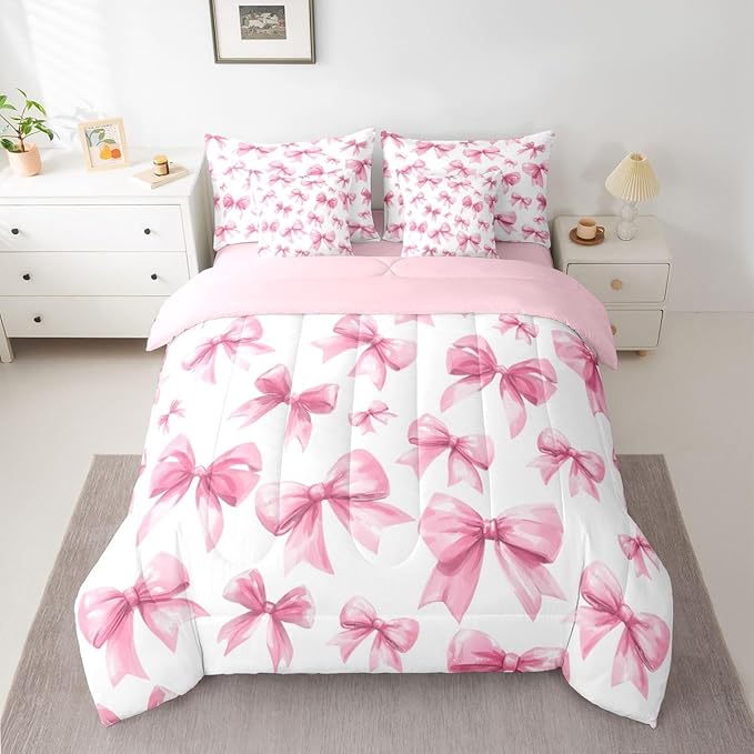 Feelyou Pink Bow Comforter Set with Sheets 7 Piece Queen Size Cute Bowknot Bed in a Bag Kids Boys Girls Princess Decor Bedding Set Kawaii Bedroom Decor Breathable Soft Lightweight Microfiber