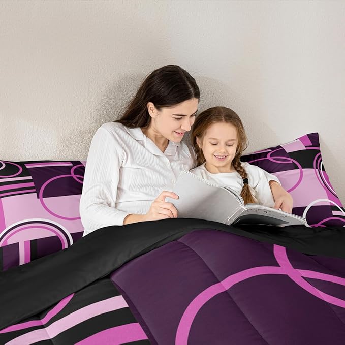 Vintage Swirls Bedding Sets King Purple Black Grey Duvet Set Retro Graphic Patchwork Quilted Comforter Soft Microfiber Down Comforter, 3Pcs