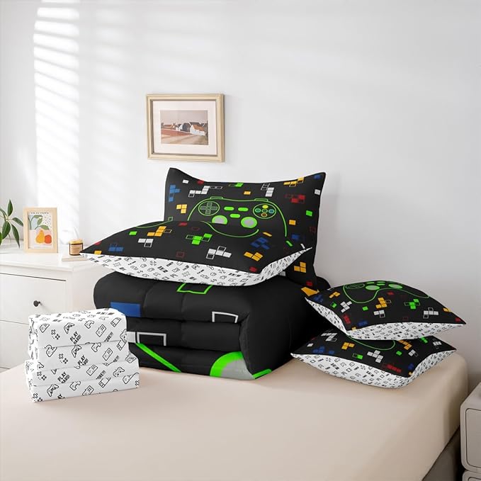 Miner Video Games 7Pcs Comforter Set Queen Size,Gamer Gamepad Bedding Set,Kids Boys Girls Room Decor,Neon Green Pixelated Geometric Bed in a Bag Black White Reversible Flat Fitted Sheet,2 Pillowcases