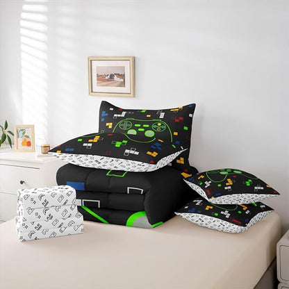 Miner Video Games 7Pcs Comforter Set Queen Size,Gamer Gamepad Bedding Set,Kids Boys Girls Room Decor,Neon Green Pixelated Geometric Bed in a Bag Black White Reversible Flat Fitted Sheet,2 Pillowcases