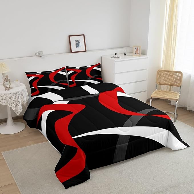 Erosebridal Grey Red Black Bedding Comforter Sets Dark Gray White Striped Abstract Bedding Set King for Boys Teen Men Geometric Stripes Down Comforter Modern Fashion Quilt Duvet