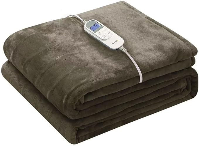 Wapaneus Foot Pocket Heated Blanket Electric Throw with 10 Heating Levels and Auto Shut Off,Flannel Fast-Heating Heated Throw 50" x 60",ETL Listed Machine Washable,Dark Brown