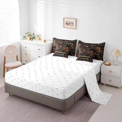 Erosebridal Vintage Piano Print Comforter Set King with Sheets,Music Themed Bedding Set Musical Instruments Decor for Home,7 Piece Butterfly Rose Flower Bed in a Bag with Pillowcases & Shams