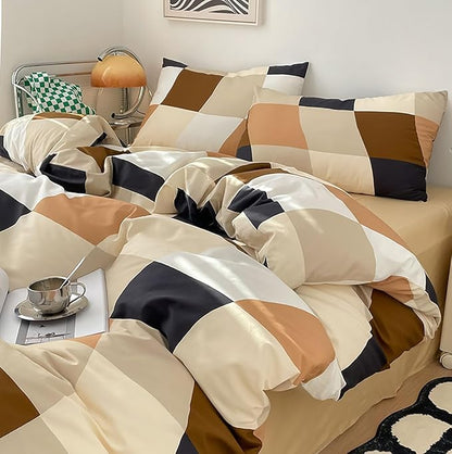 KAREVER Checkerd Comforter Brown Twin Multicolored Grid Bedding Kids Khaki Grid Bed Blanket White Black Plaid Buffalo Girls Twin Bedding Comforter All Season Hotel Quality