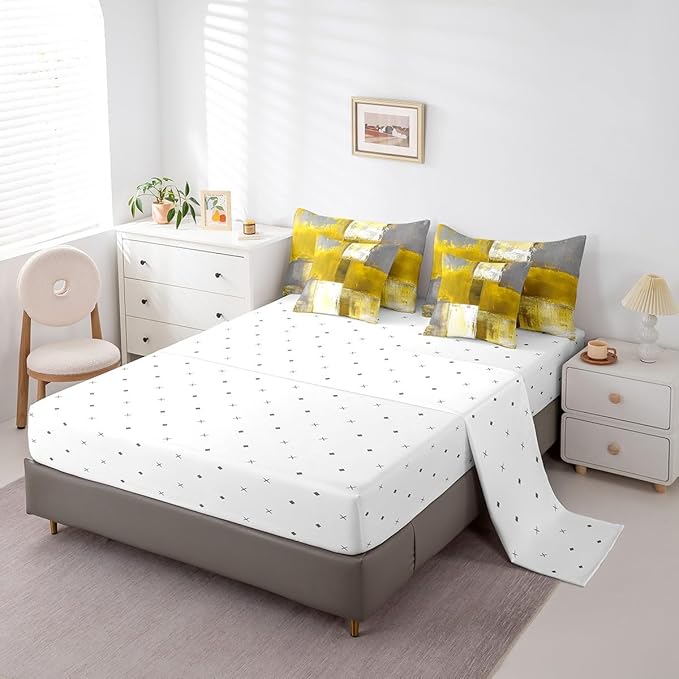 Erosebridal Yellow White Gray Bedding Twin Size 7-Piece Oil Painting Comforter Set, Ombre Gradient Bed in a Bag with Flat Sheet and Fitted Sheet Graffiti Abstract Bedding Comforter Sets