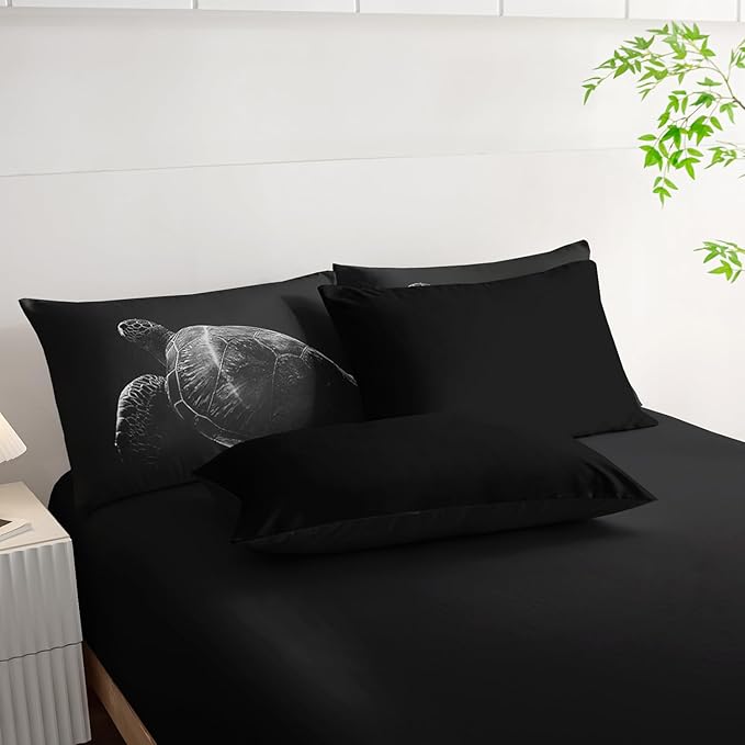 Black Sea Turtle Comforter Set,Sea Turtle Bedding Set 7 Piece in A Bag,Beach Themed Bedroom Comforter Set King Size for Kids Teen Girls Boys Room Decor Microfiber Lightweight All Season